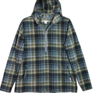 O'Neill Women’s Size M Hooded Fleece 1/2 Zip Pullover Sweater Plaid Blue Green
